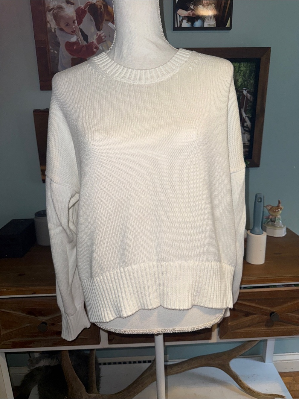 Quince 100% Organic Cotton Classic Cream Knit Crewneck Sweater - Women M
